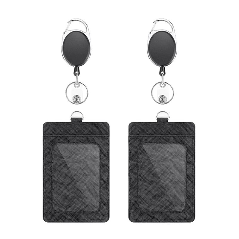 2 × مجموعة حاملات شارات ومشابك بكرة قابلة للسحب شديدة التحمل، حامل شارات عمودي من جلد البولي يوريثان فتحات بطاقة نافذة الهوية الشفافة