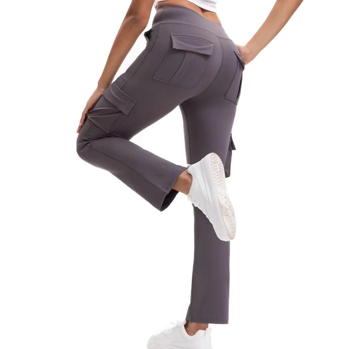 High Waist Cargo Flare Yoga Pants Women Multi‑Pocket Button Design Butt Lifting Stretch Quick Dry Workout Flare Leggings