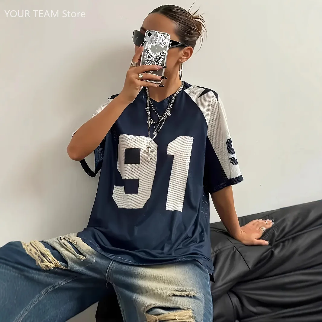 Streetwear Oversized Mesh Short Sleeve JerseyY2KStreet Style Number Print Color Block Sports T-shirt for Streetwear Enthusiasts