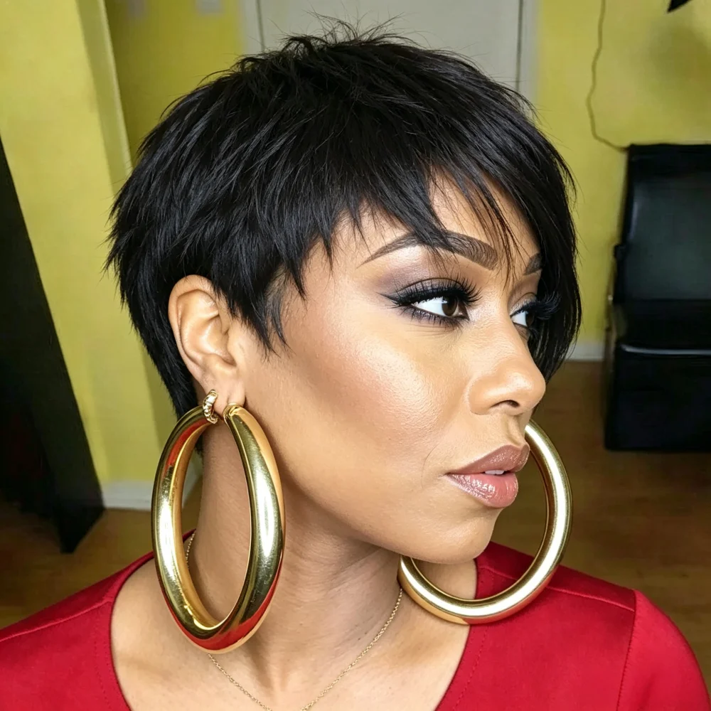 Full Machine Made Pixie Wig Human Hair, Short Asymmetrical Bob Wig for Women, Natural Black Human Hair Full Machine Made Short