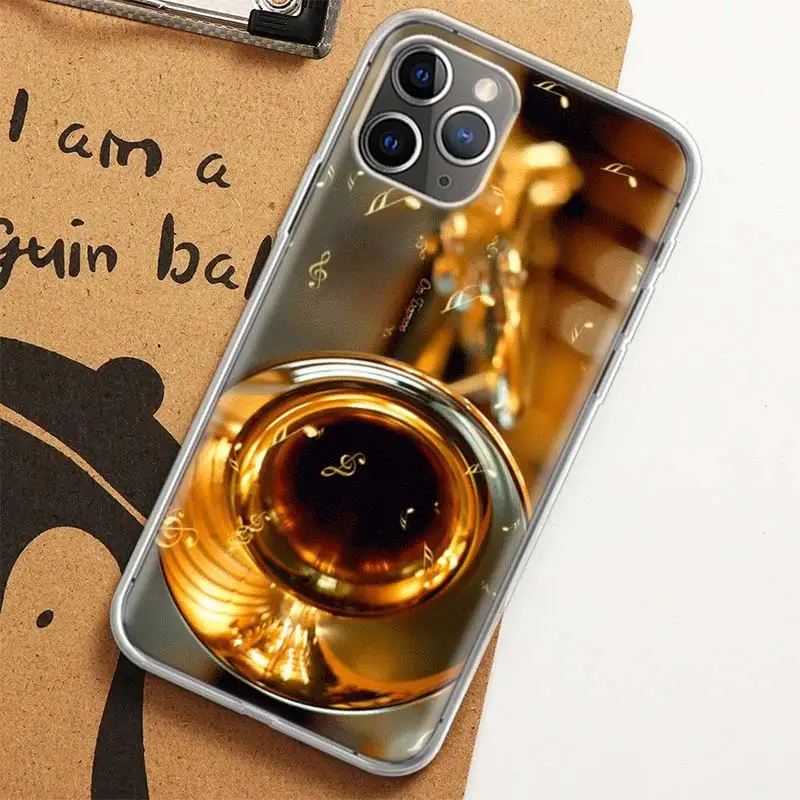 Brass Instruments Case for iPhone 12 13 Mini 14 Plus 15 16 Pro Max 11 X XS Max Clear TPU Protective Phone Cover Coque C