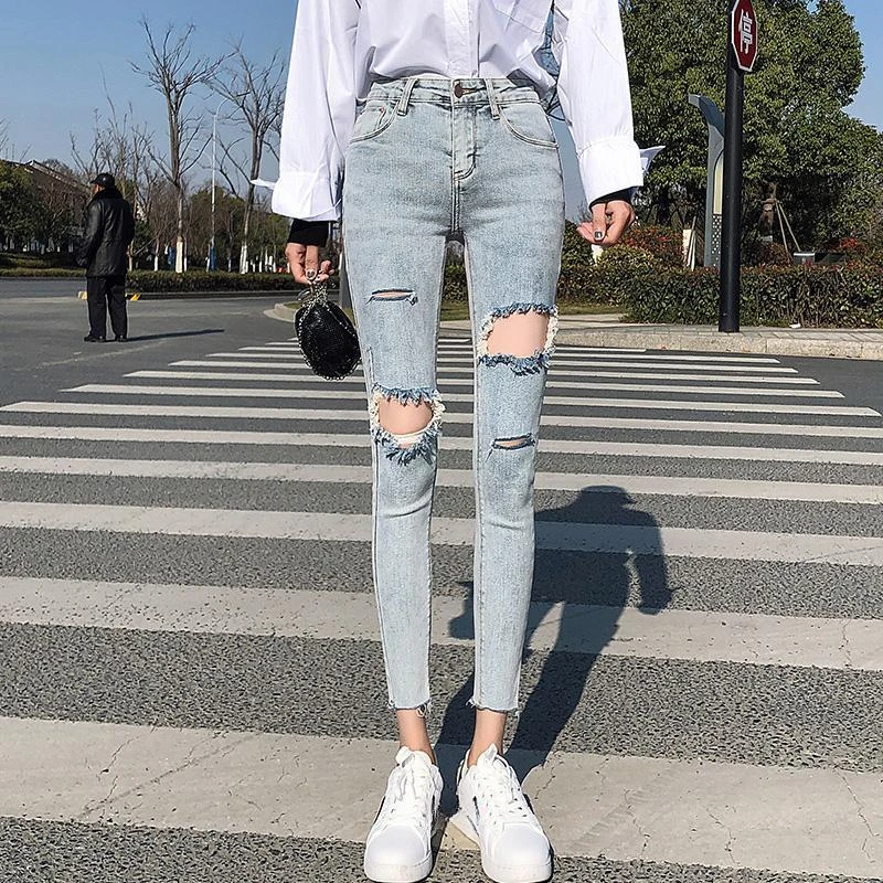 

Korean Fashion High Waist Shot Female Cowboy Pants Japanese Tight Cropped Pencil Trousers Unique Vintage Women's Ripped Jeans