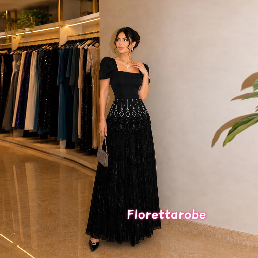 

Customized Black Square Collar Short Sleeves Evening Dresses Fashion A-Line Celebrity Prom Gowns Delicate Beading Party Dress