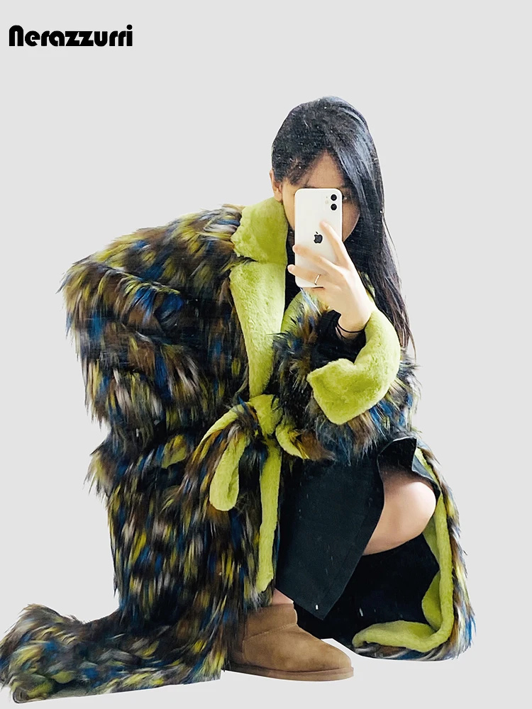 Nerazzurri Winter Long Oversized Hairy Thick Warm Fluffy Patchwork Faux Fur Coat Women Sashes Luxury Designer Furry Overcoat