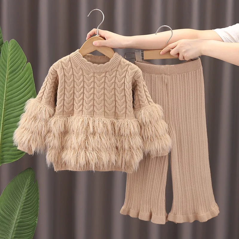 Spring/Autumn Children Clothing Set Sweater Top+Pants 2PCS Knitting Fur Suit Set 2-6y Baby Girl Flare Bottom Pants Casual Girls