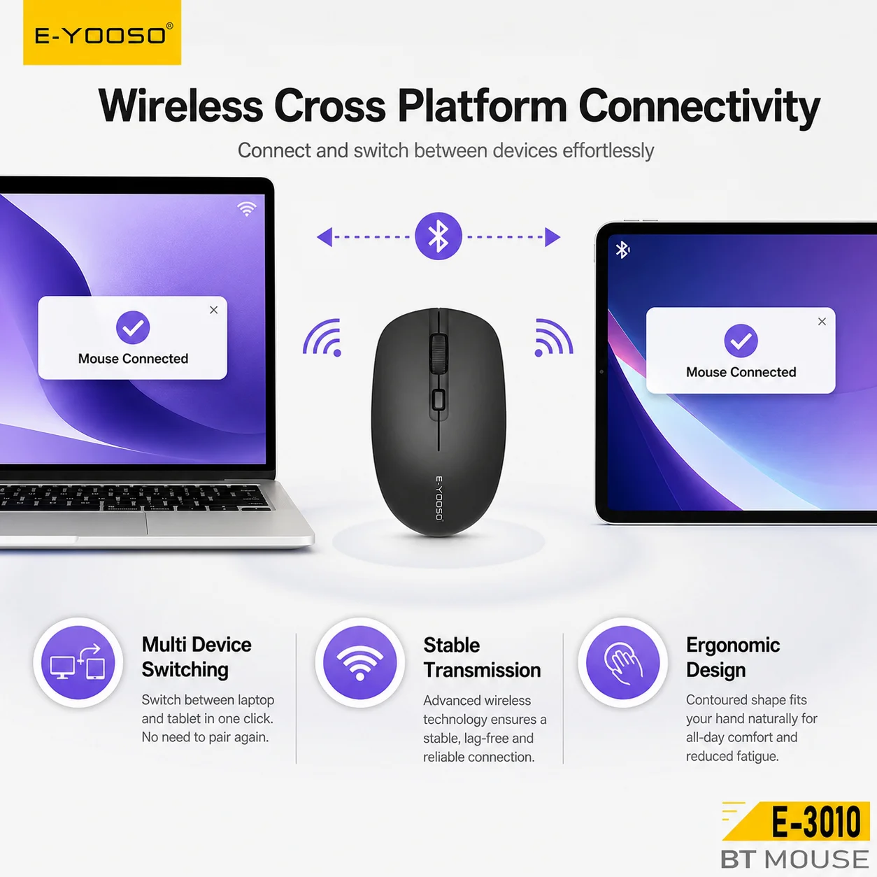 E‑YOOSO E‑3010 Multi‑Device Wireless Bluetooth Mouse Silent Ergonomic 4000DPI For Laptop PC Tablet Mac Windows Office Mice