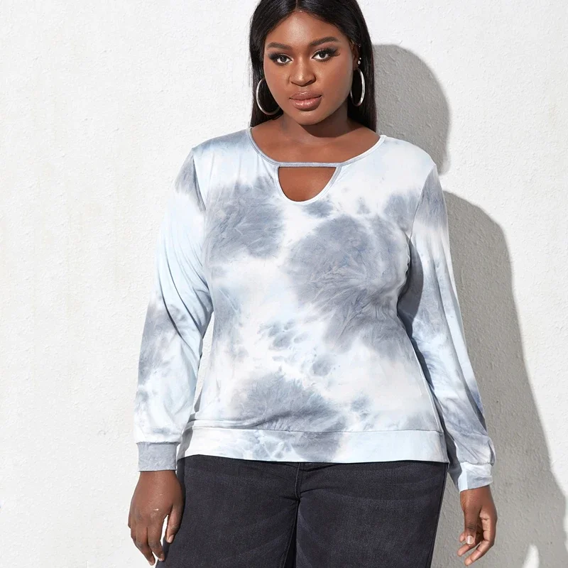 

Plus Size Long Sleeve Spring Autumn Casual Sweatshirts Tie Women Dye Keyhole Front Elegant Blouse Large Size Tops 5XL 6XL 7XL