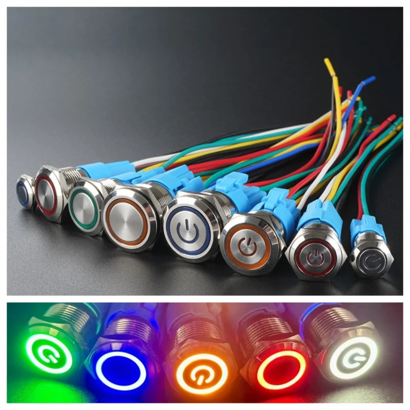 12/16/19/22MM Waterproof Metal Push Button Switch LED Light Momentary Latching Car Engine Power Switch  5V 12V 24V 220V Red Blue