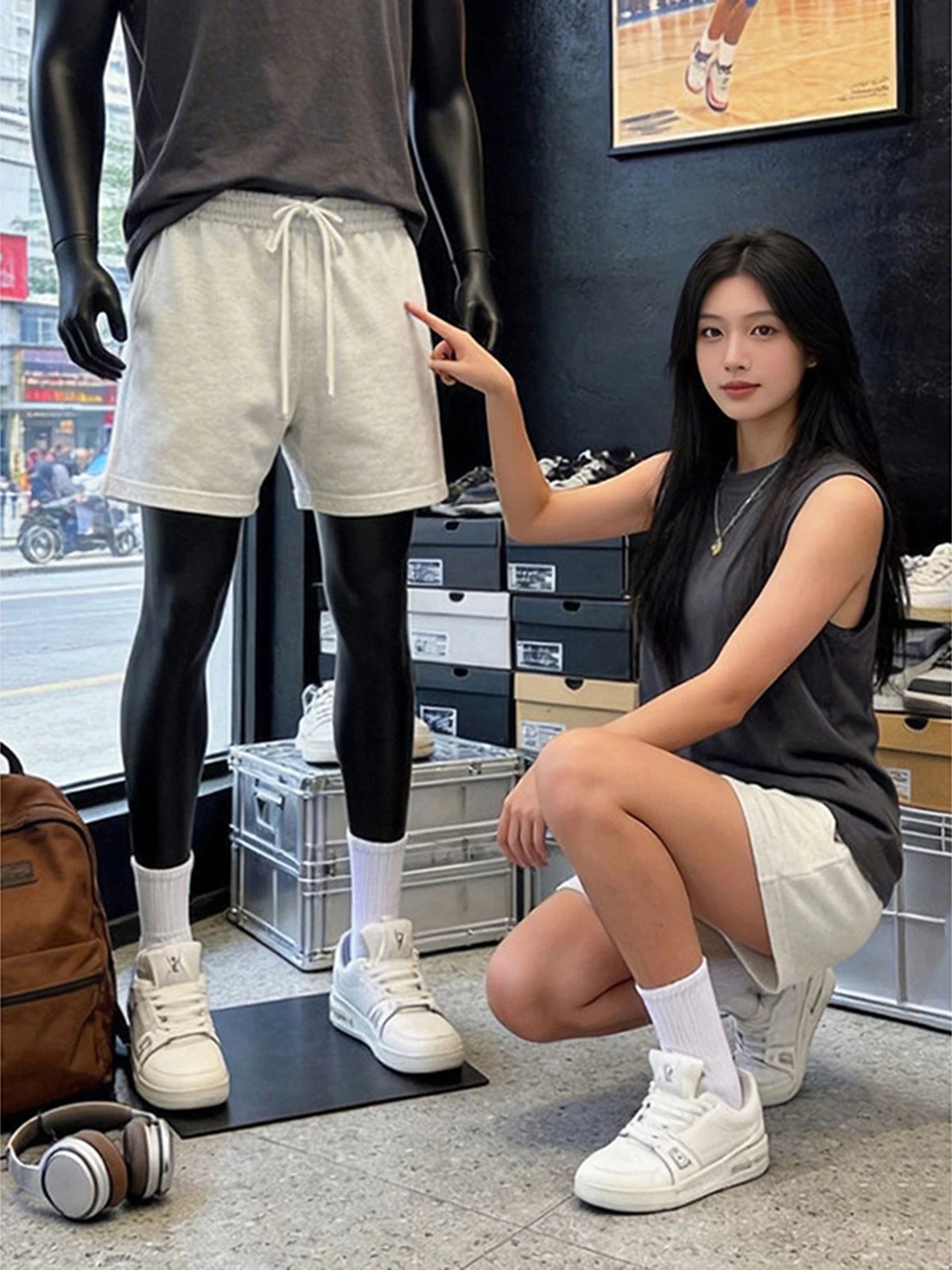 

White Grey Cotton Basketball Shorts Men's Summer Outdoor Wear Sporty Teenage Four-Quarter Pants Straight Leg mid Waist