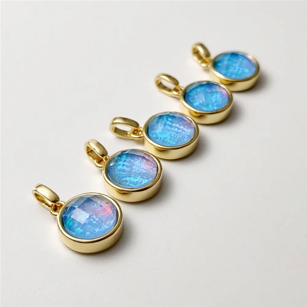 FUWO Wholesale Round Blue Opal Pendant,Golden Plated Cladding Synthetic Opal Glass Accessories For Jewelry Making 5Pcs/Lot PD278