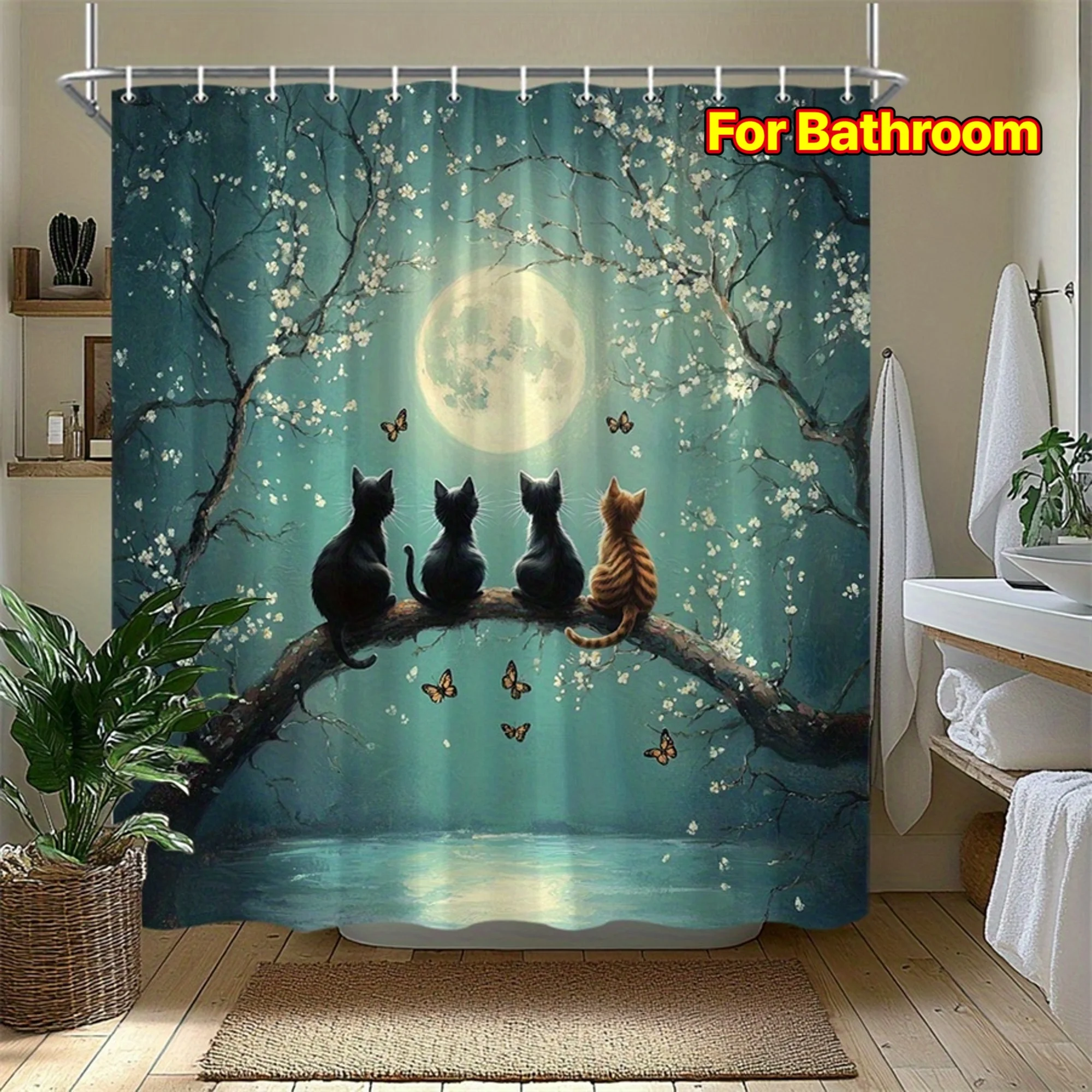 

Four Cats On Branch Under Full Moon Night Scenery Decorative Shower Curtain