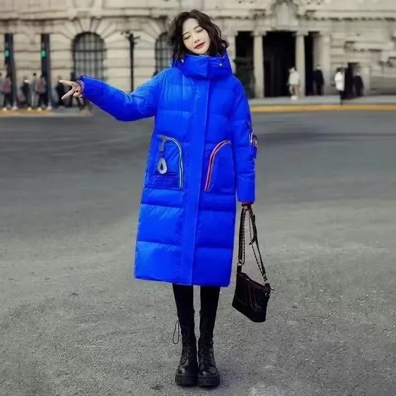 2025 nouvelles femmes blanc canard doudoune manteau d'hiver femme Parkas visage brillant au-dessus du genou vêtements d'extérieur longue motif à capuche pardessus