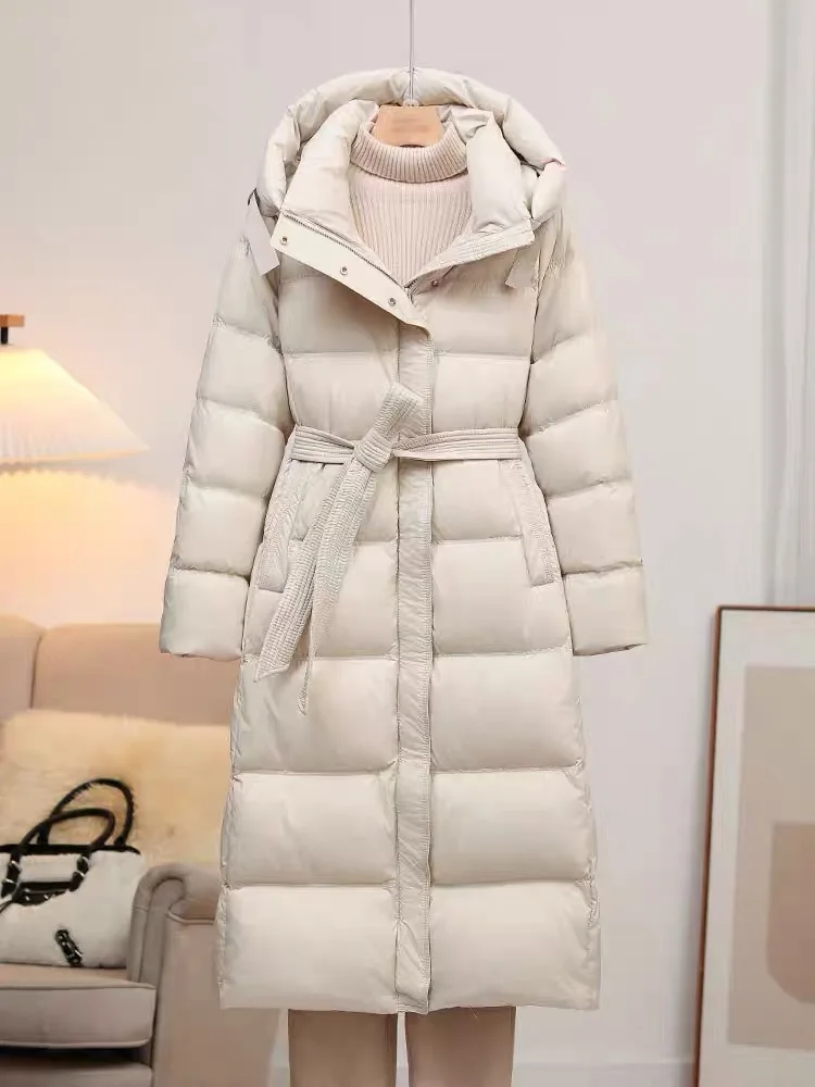 

Winter Hooded Thick Knee Length Down Jacket Female Warm Zipper Long Parker Outwears Women White Duck Down with Belt Down Jackets