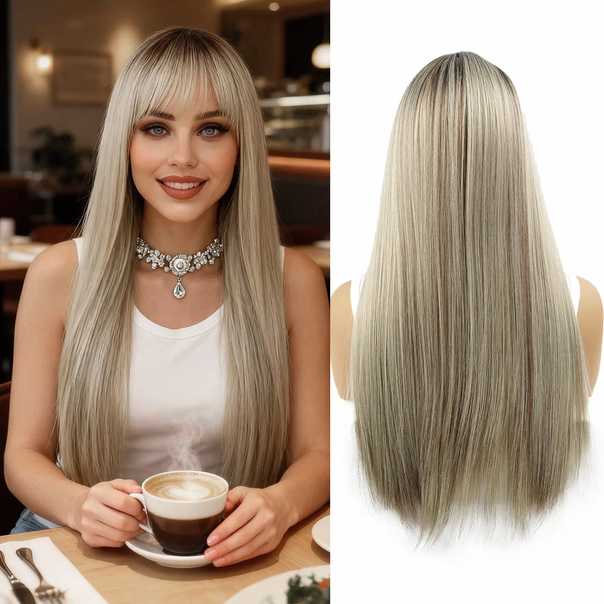 

SQRDGQ Синтетический парик Женские средние длинные прямые парики для женщин Высокое качество Цвет омбре Парик Светлые натуральные волосы Женские парики