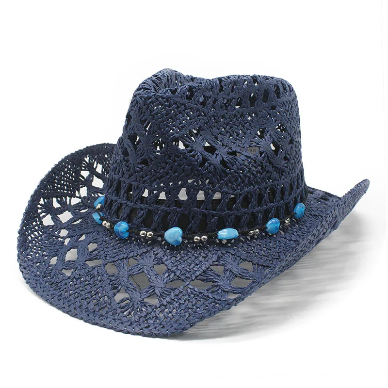 

New Hollow Handmade Straw Cowboy Hat, Blue Beads, Rolled Brim Summer Sun Beach Cap