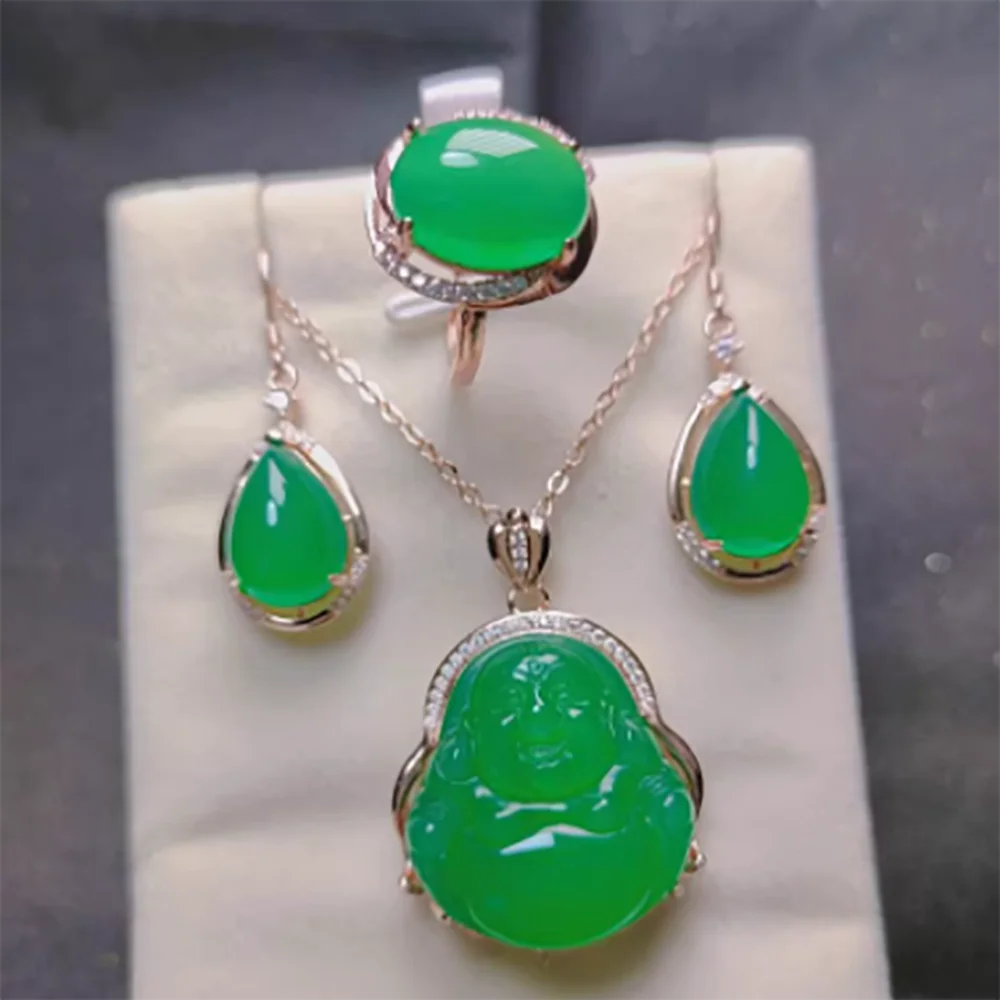 Jadeite inlaid with green jade, three piece earring set, ring clasp, agate necklace