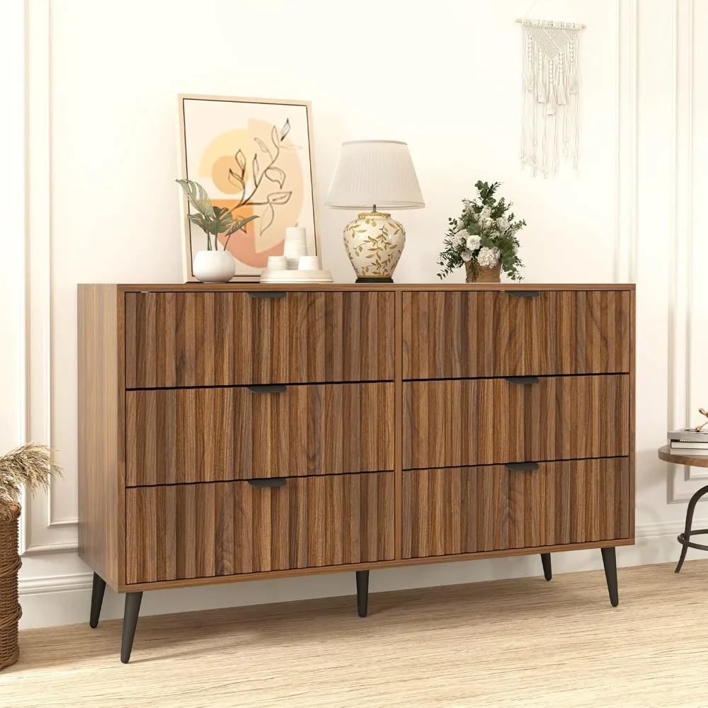 

Fluted Dresser with 6 Drawer Dresser, Modern Dressers for Bedroom, Natural Wood Dressers Organizer with Blister Drawers