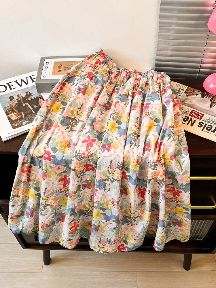 

Ele хлопковая льняная юбка с высокой талией, женская летняя винтажная юбка трапециевидной формы с принтом, юбка-миди с воланами для поездок на работу Sle