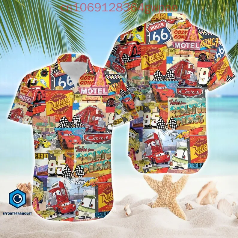 ديزني سيارات قمصان البرق ماكوين بيكسار سيارة الرجال النساء قمصان هاواي كأس المكبس الصيف الاطفال قميص رحلة العالم قميص