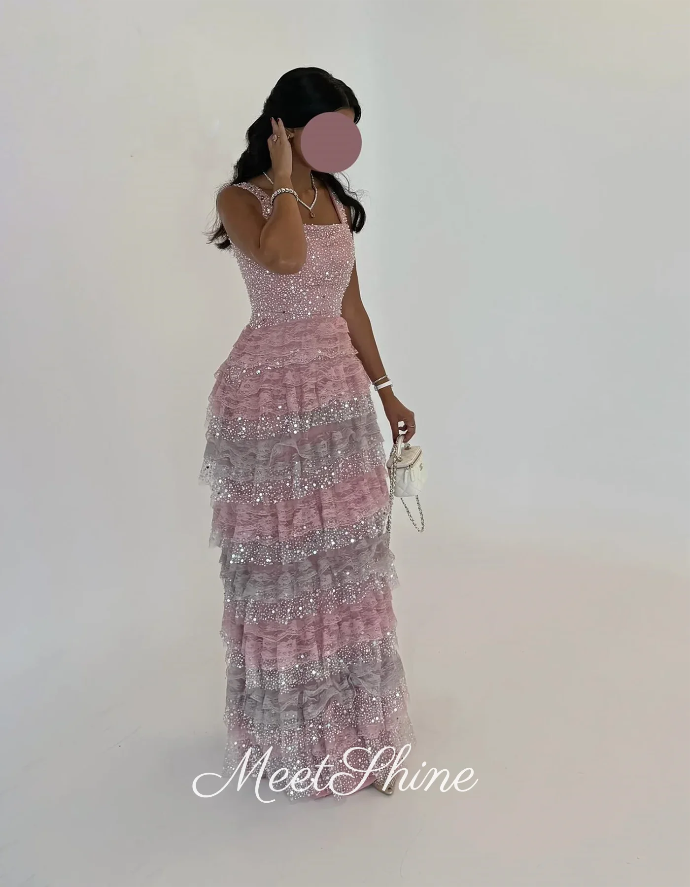 Luxury Pale Pink Square Collar Ruffle A-Line Evening Dresses Elegant Tulle Beading Crystals  Formal Prom Dresses Customized