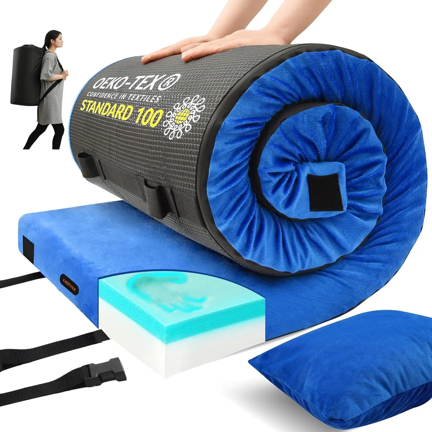 

Memory Foam Camping Mattress Pad, Comfortable Floor Sleeping Mat for Adults with Waterproof Non-Slip Bottom, Portable Roll Up Mat for Car Camping