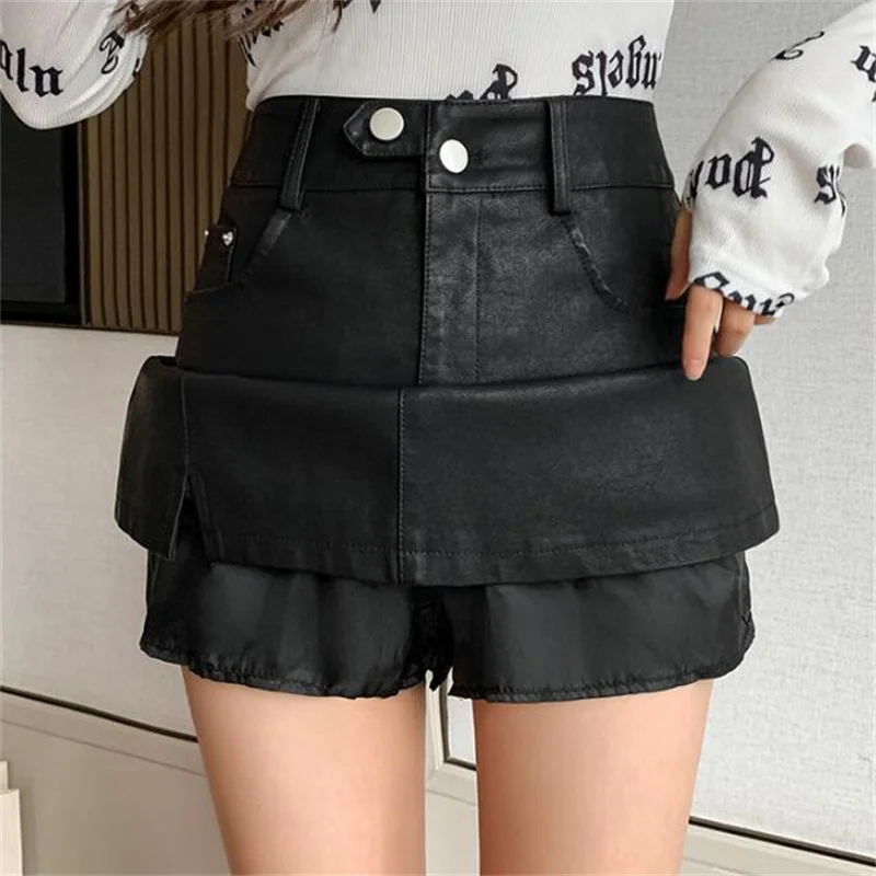 

ZXRYXGS Premiump Pu Leather Skirt Women's Culottes 2024 Popular Button High Waist Short Skirts Fashion Was Thin Trend Pantskills