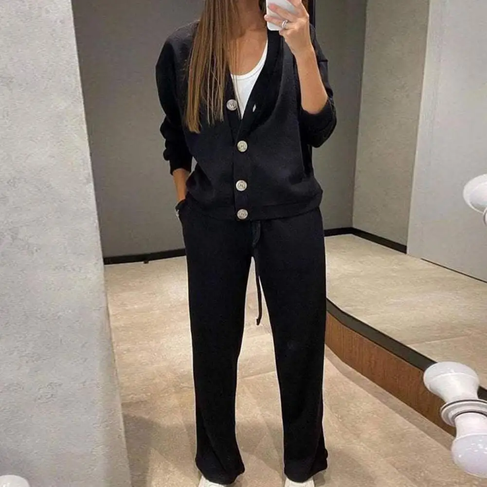 Women Casual Two-piece Set Women\'s V Neck Knitted Shirt Wide Leg Trousers Set Long Sleeves Loose Top with Drawstring for Casual