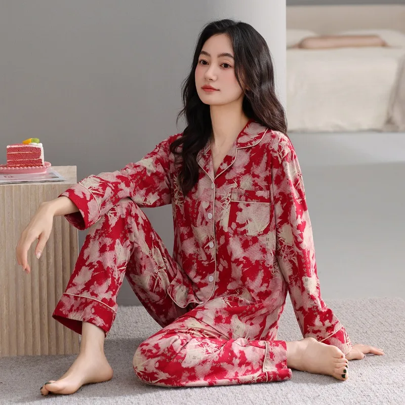 

High End Women's Pure Cotton Pajamas Set Long Sleeves Trousers Perfect Spring Autumn Casual Wear Breathable Outdoor XXXL Size