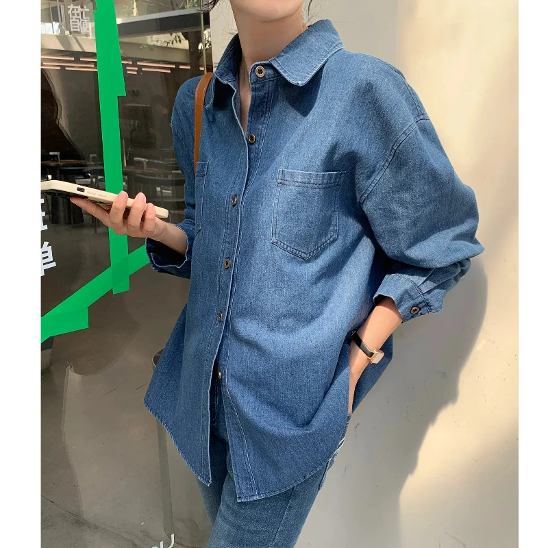 

Plus Size Women's Clothing 2025 Spring Summer Loose Lady Denim Shirts Vitage Korean Style Jeans Long Sleeve Female Tops KE7456