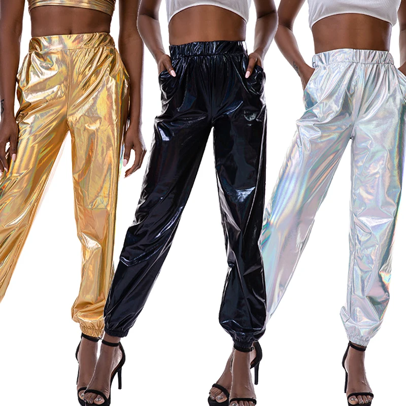 ผู้หญิงเงาเงินสีดำ Metallic เลเซอร์กางเกงแฟชั่น Hip Hop Jogger Sweatpants Harem กางเกงกางเกงขายาว