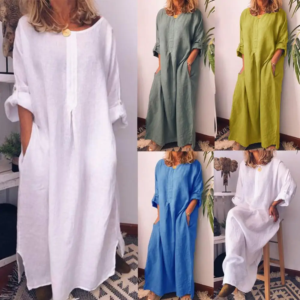 Hot Sales!!! Casual Women Solid Color Oversize Maxi Cotton Linen Long Shirt Kaftan Dress