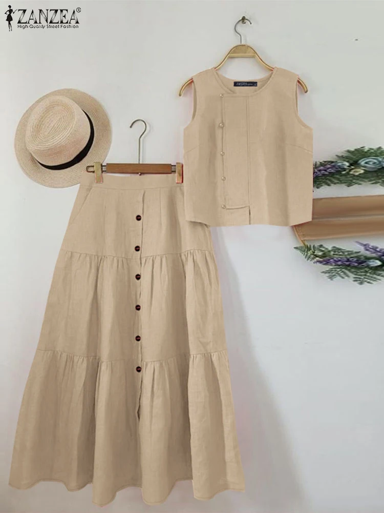 

ZANZEA Women Solid Color Dress Sets Fashion Tank Tops Outfits Holiday Buttons Long Skirts Suit 2025 Summer Pleating Matching Set