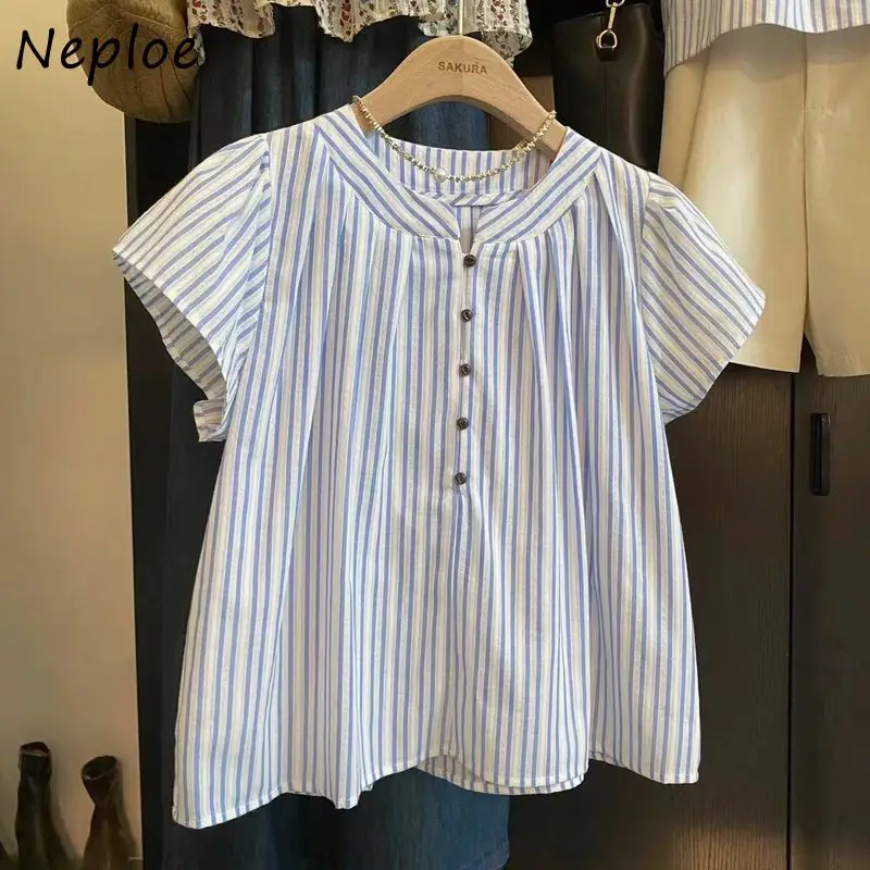 Neploe Elegant Vintage Striped Shirts Women 2024 Summer New Stand Collar Blusas Mujer Y2k All-match Flying Sleeve Blouses