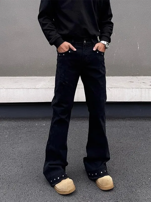 

American Retro Rivet Frayed Wide Leg Jeans Men Women Clean Fit Trendy High Street Slim Long Pants Youth Casual Denim Jeans