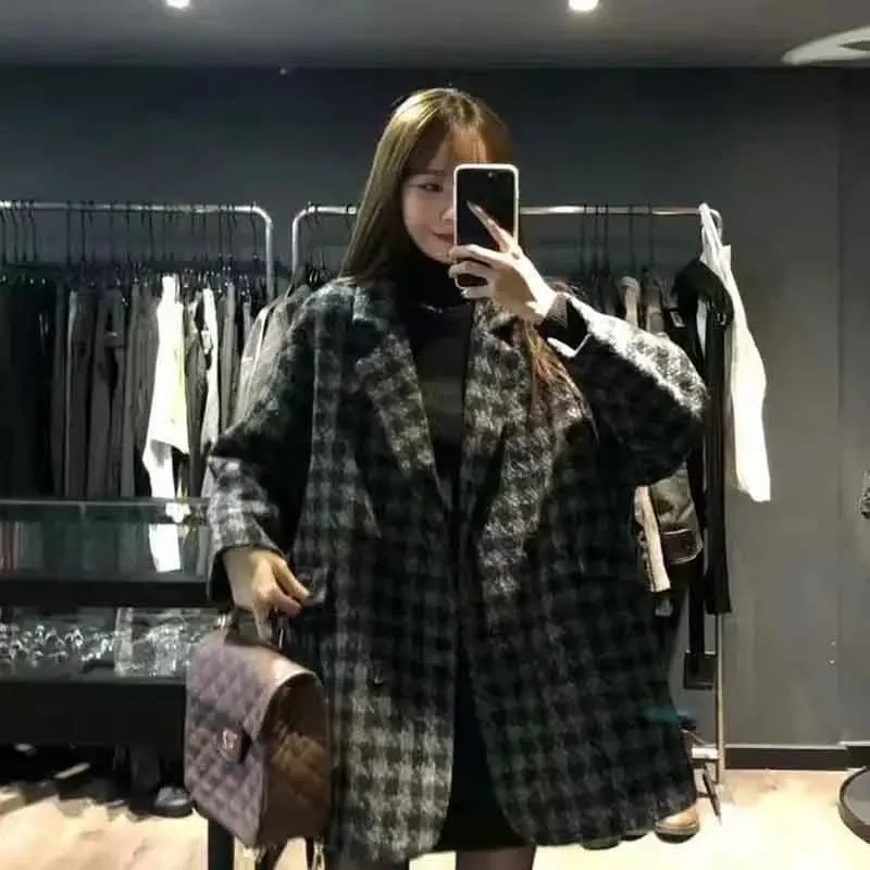 Fashion Houndstooth Faux Wool Jacket Women Korean Loose Elegant Double Breasted Suit Overcoat Winter Thick Warm Blend Outerwear