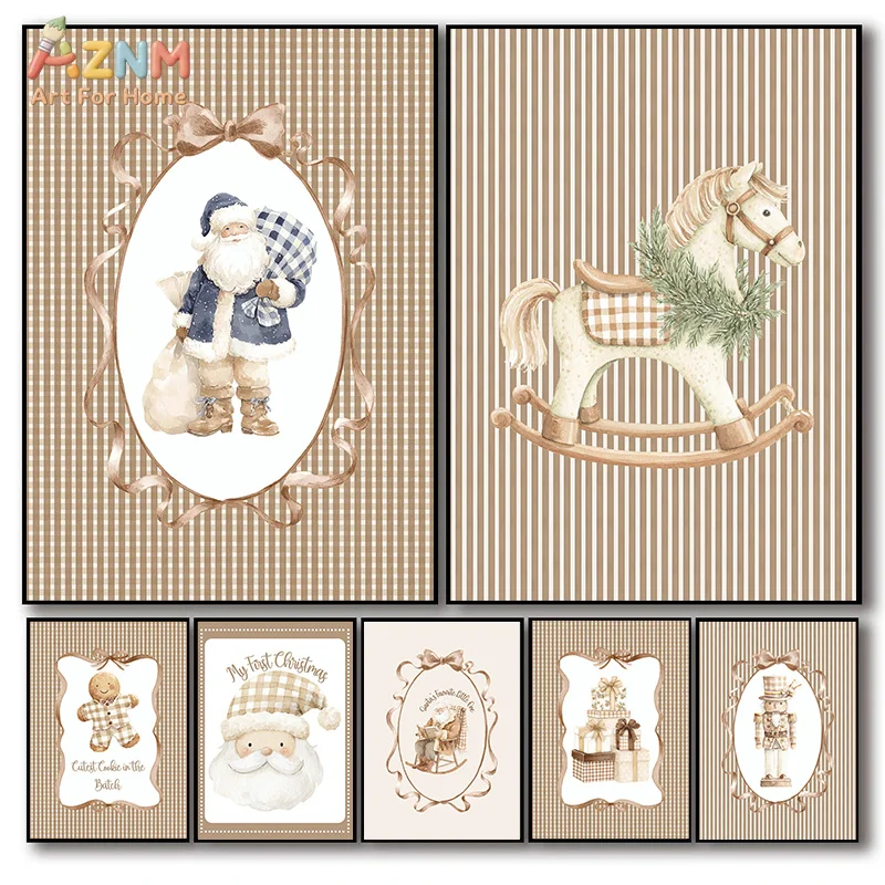 AZNM Neutral Beige Plaid Christmas Canvas Print Santa Rocking Horse Gingerbread Nutcracker Baby Xmas Nursery Unframed Wall Poste