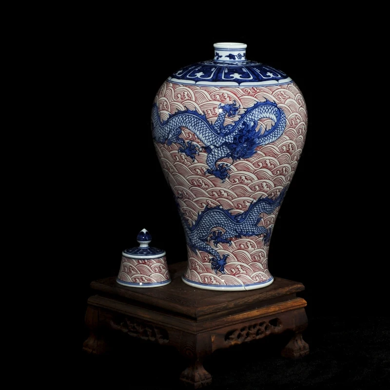Hand-painted Clouds and Dragons Pattern Blue and White Underglaze Red Antique Ceramic Cover Pot Living Room Ornament