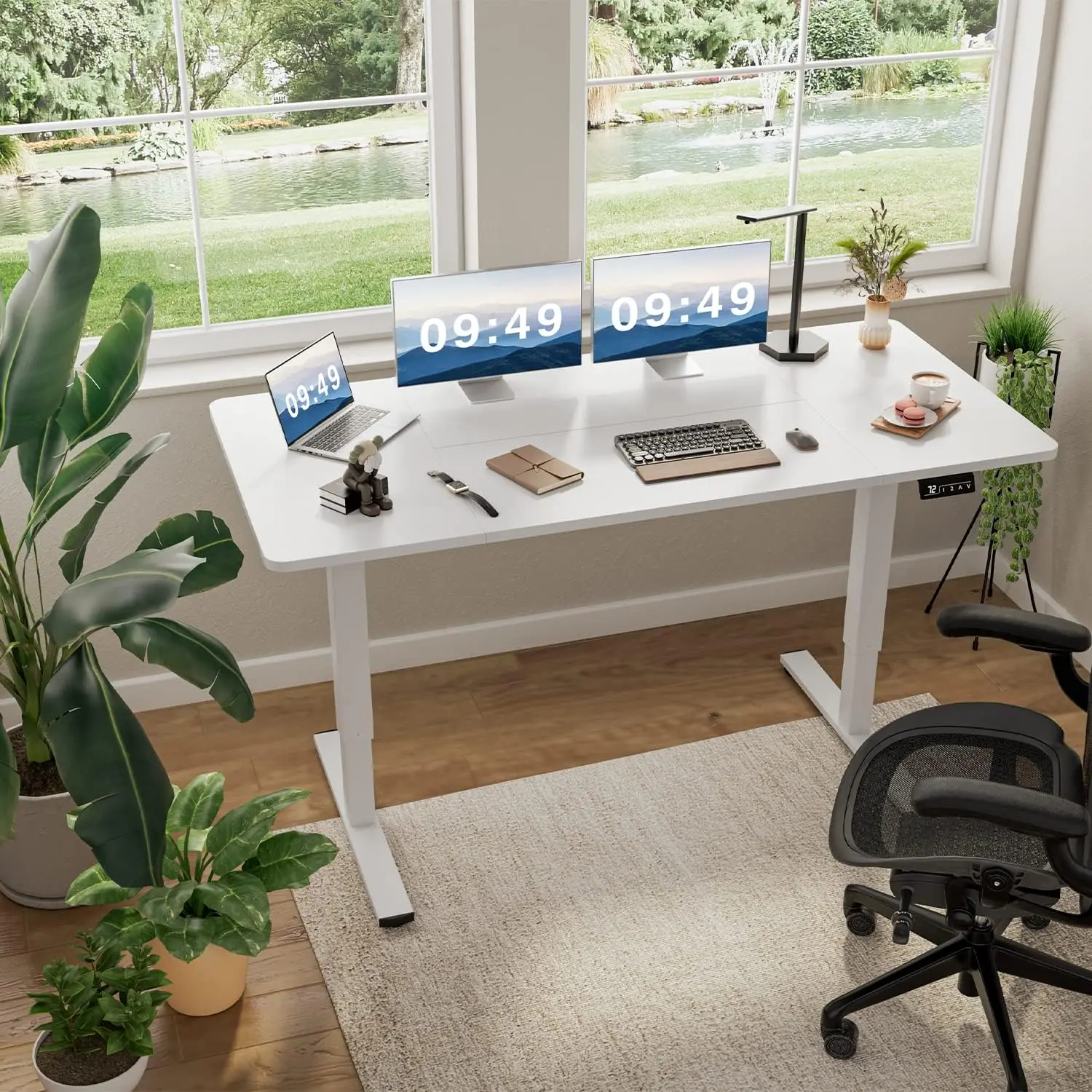 Height adjustable, 63 x 24 inch upright desk, home office computer desk, T-shaped metal bracket, white