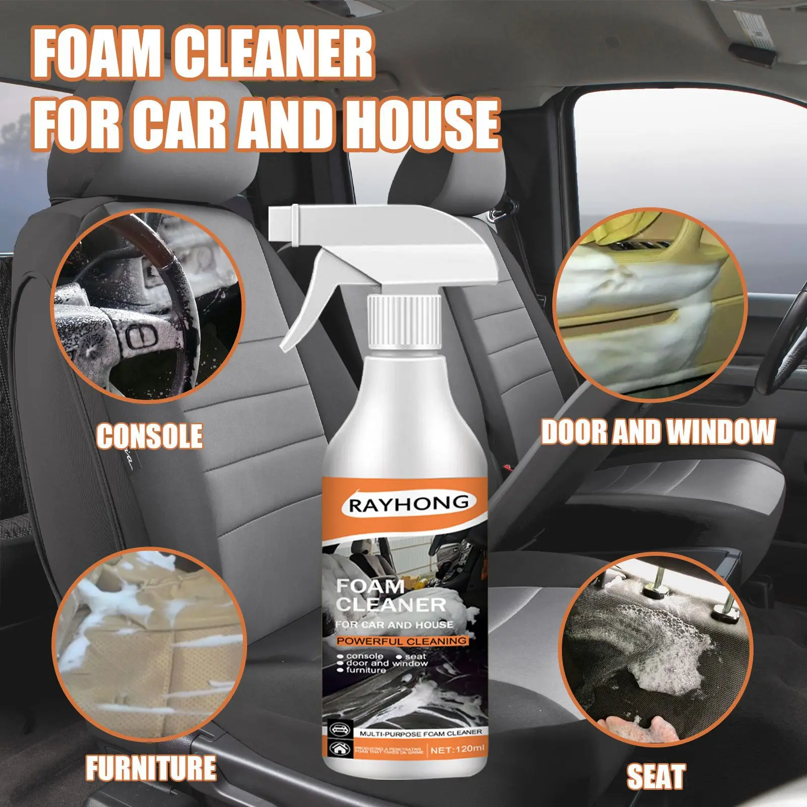 120ML Multi-Purpose Foam Cleaner Spray Leather Cleaning Auto Home Surfaces Foam Cleaners for Car Wash Maintenance