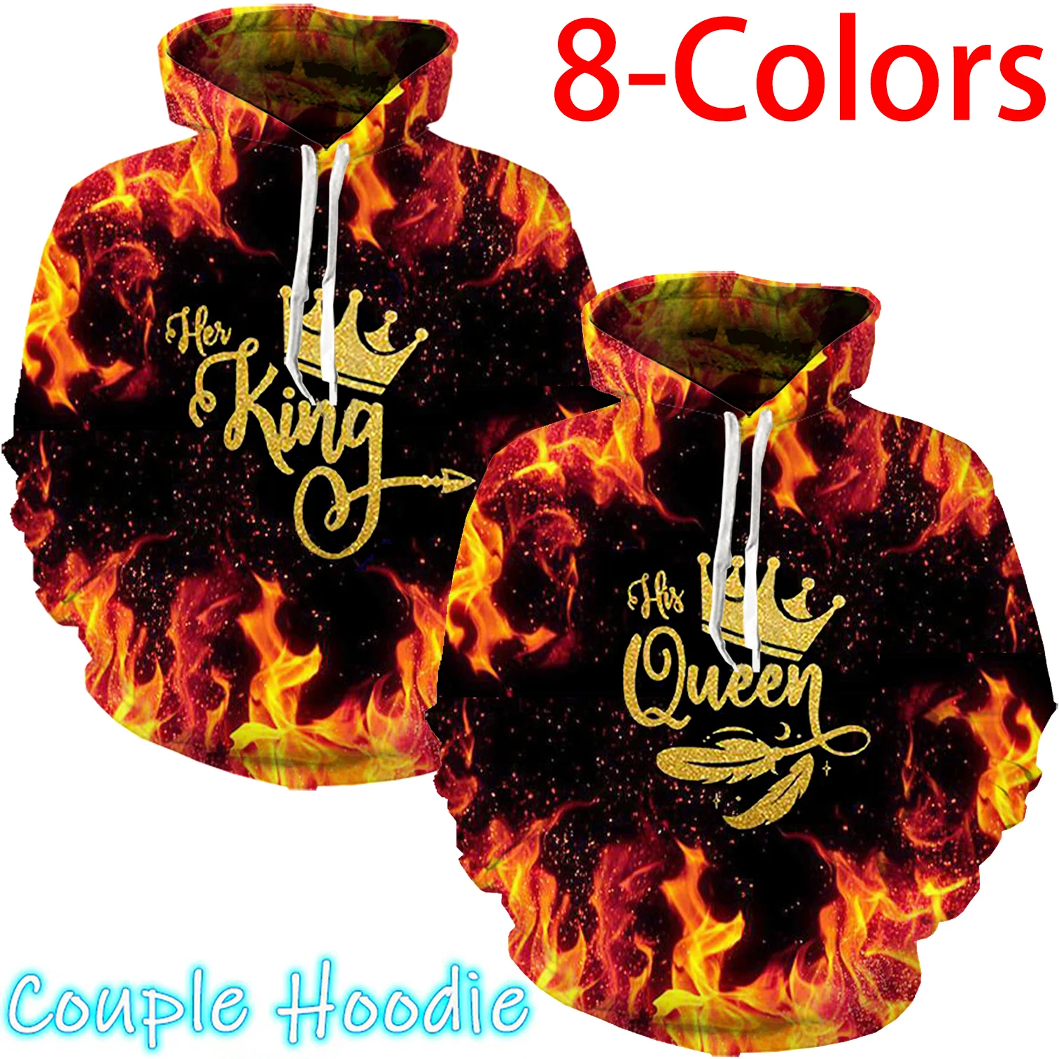 

Fashion 3D Printing Flame Couple King and Queen Hoodies Matching His and Her Hooded Pullover Sweatshirt