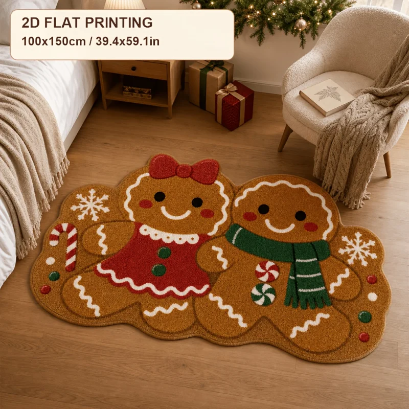 VIKAMA Non-Slip Washable Small Rug, Gingerbread People Christmas Area Rug, Snowflake Candy Bedroom Carpet, Holiday Home Decor