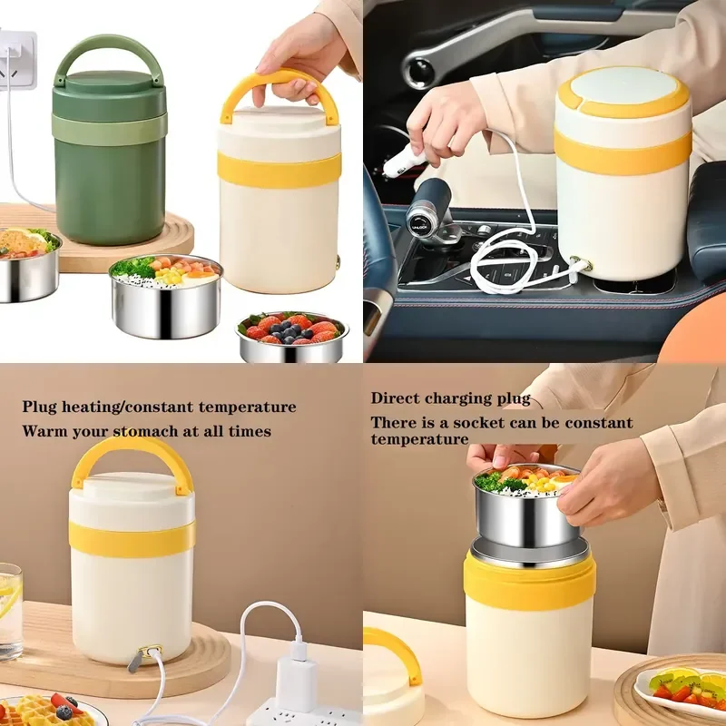 New USB Electric Heated Lunch Box Portable Bento Round Stainless Steel Self Heating Food Warmer Container