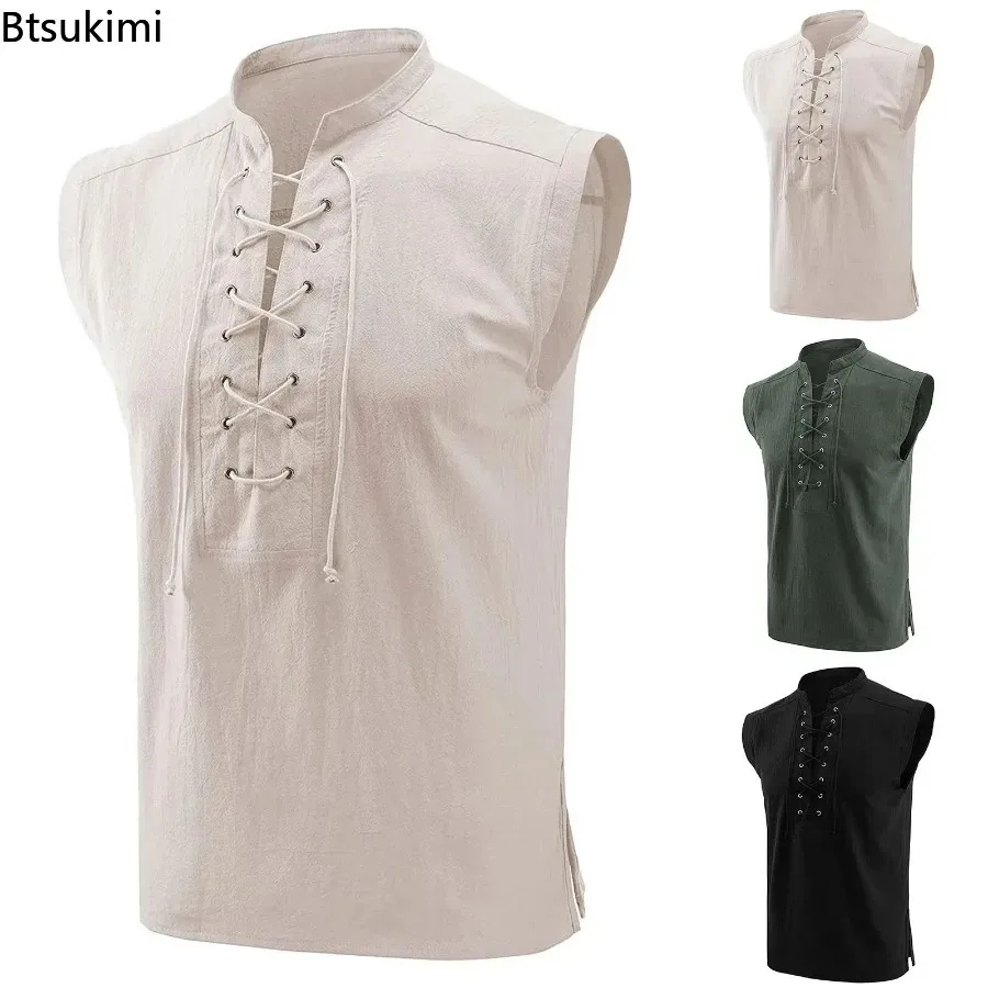 New Men's Sleeveless Tank Tops Medieval Clothing Sleeveless Tie Stand C Ollar Shirt Vest Gothic Fashion Playeras Para Hombres
