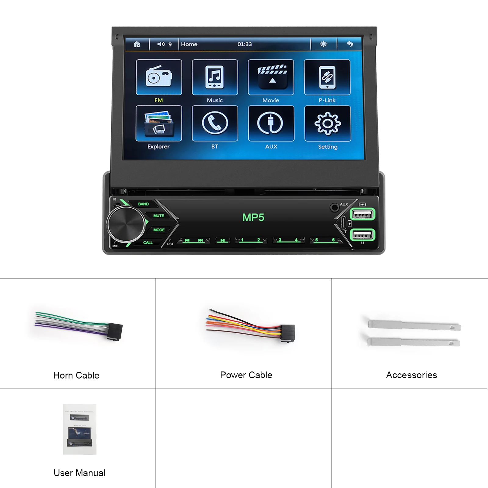 Podofo 7-Zoll-Autoradio mit einziehbarem Bildschirm, Unterstützung für Rückfahrkamera, 1 DIN, Auto-Audio-Player, TF-Karte/U-Disk, Autoradio-Stereoanlage, Bluetooth – Detail 18