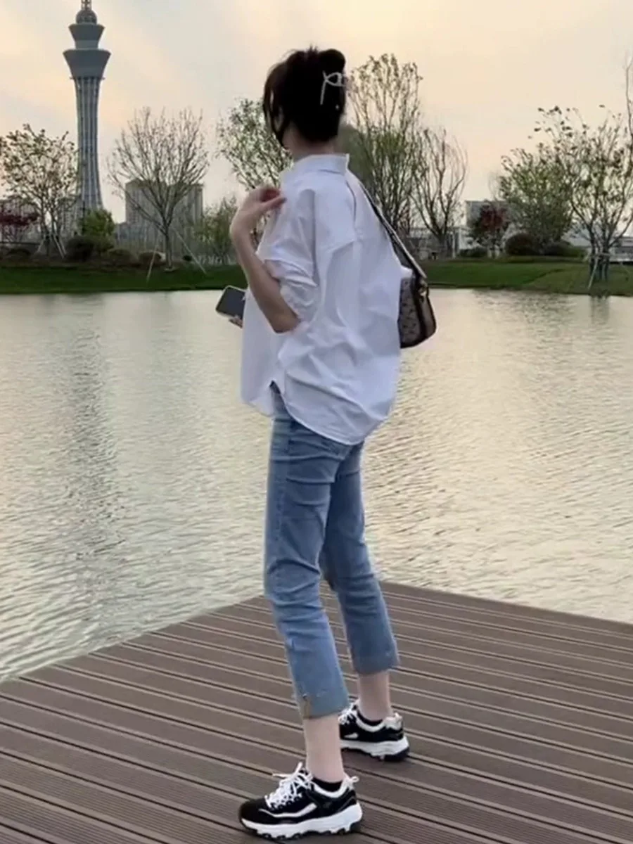 

Summer Fashion Set Hong Kong Style Elegant Half Sleeve Shirt Women Slimming Meat Covering Retro Straight Tube Jeans Trendy