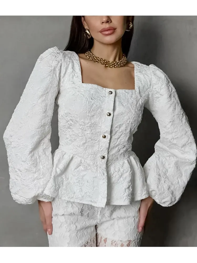 Elegant Solid Color Puffed-sleeve Top Fashion Square Neck Single-row Buckle Straight Cylinder Blouses Spring Autumn Ladies Shirt