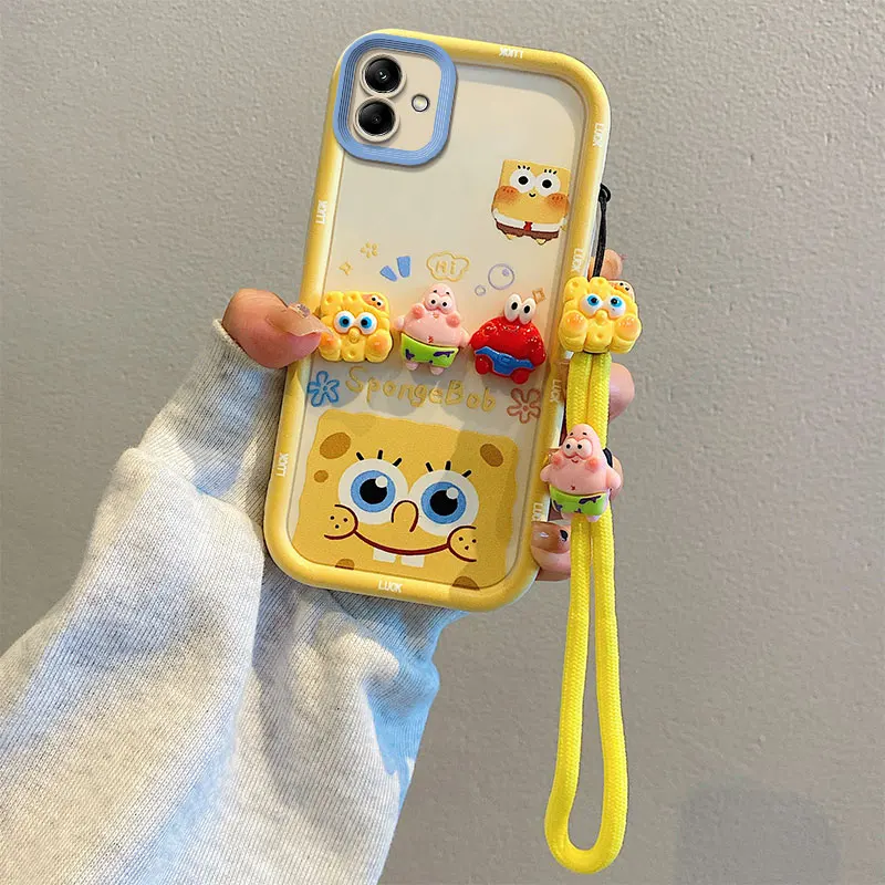 For Samsung Galaxy A06 A05s A04s A04e A03s A02s Cute 3D Cartoon SpongeBob Patrick Star Toy Phone Case Multistep Hand Strap Cover