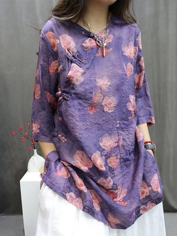 

Retro Chinese Style Printed Linen Cotton Shirt Women's Summer Long Sleeve round Neck Mid-Length Tunic Top with Side Buttons