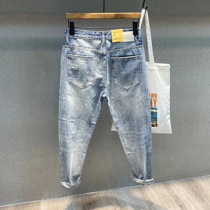 Summer2024New Japanese Pants Men's Loose Hole Cropped Length Retro Street Personality Trend Loose Straight Harem Jeans