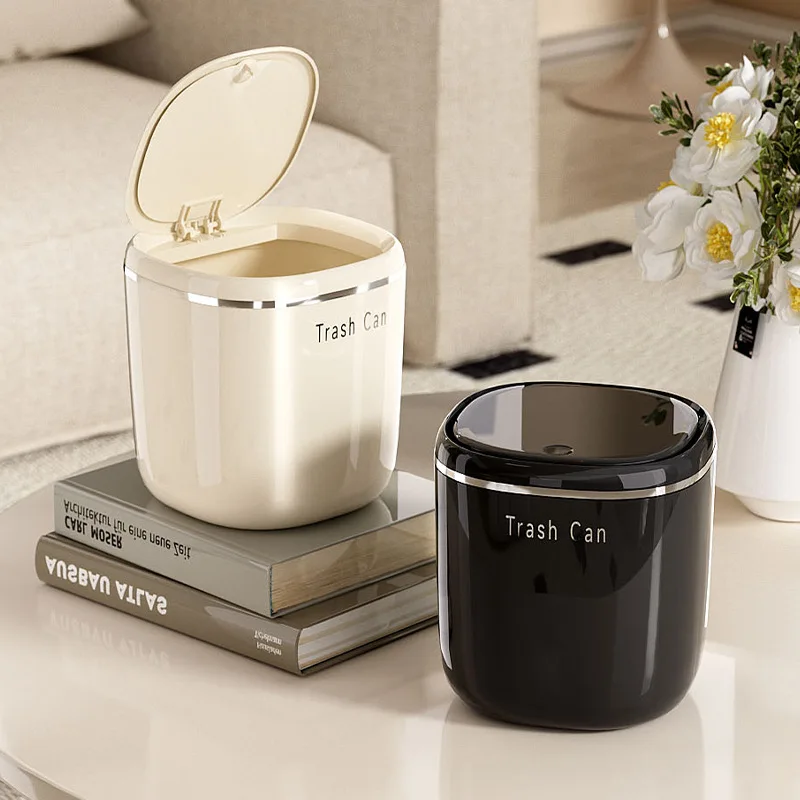 Desktop Trash Can, Household Mini Cute Bedside Storage Bin, Trash Basket for Living Room, Light Luxury Press-type with Lid